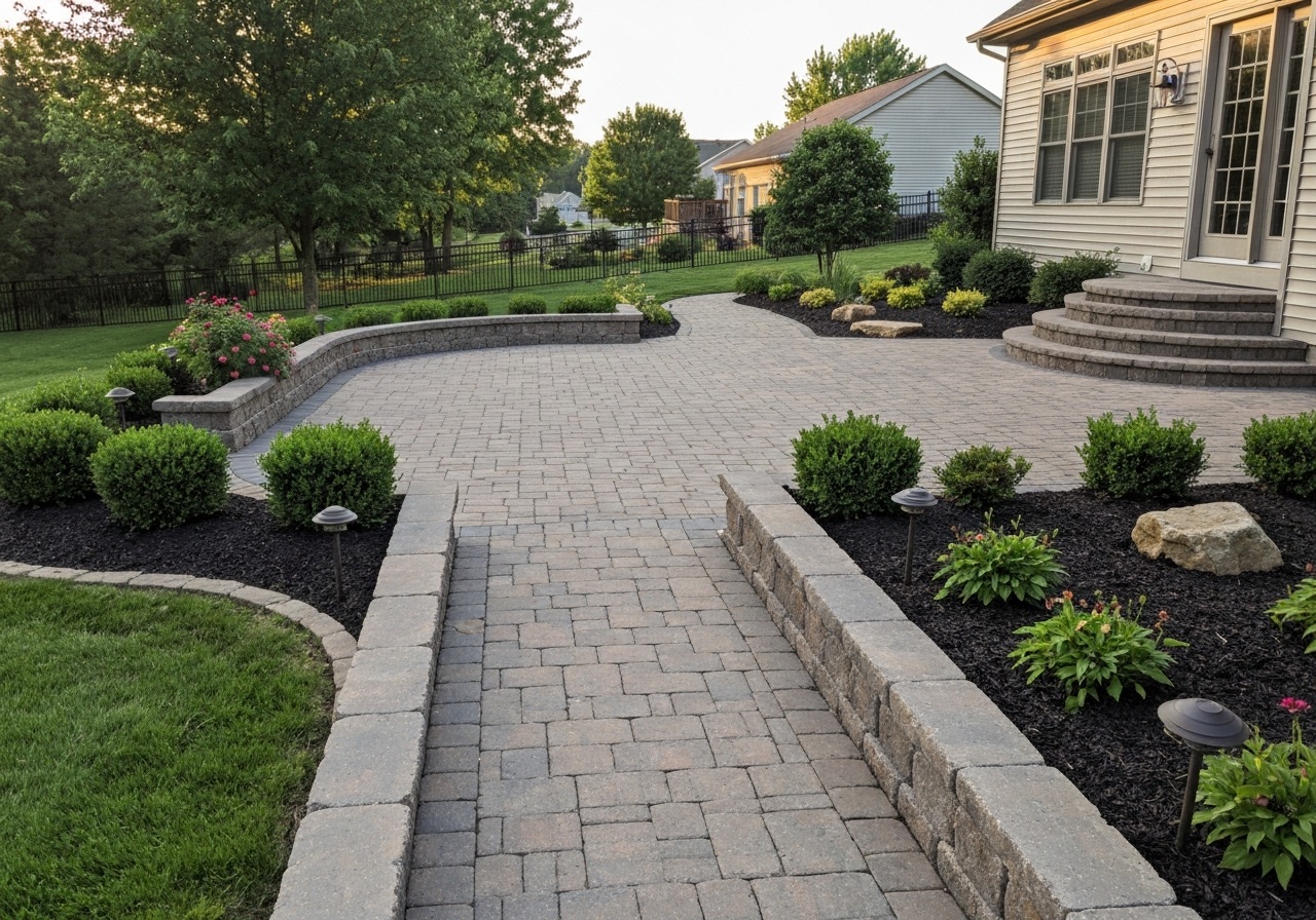 Paver patio and stone walkway in a Kalamazoo-area backyard