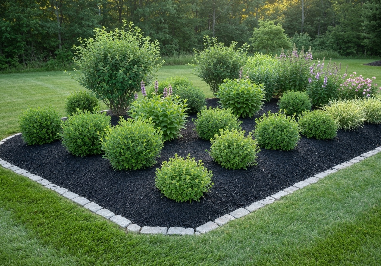 Landscaped yard with paver hardscaping framing planted beds