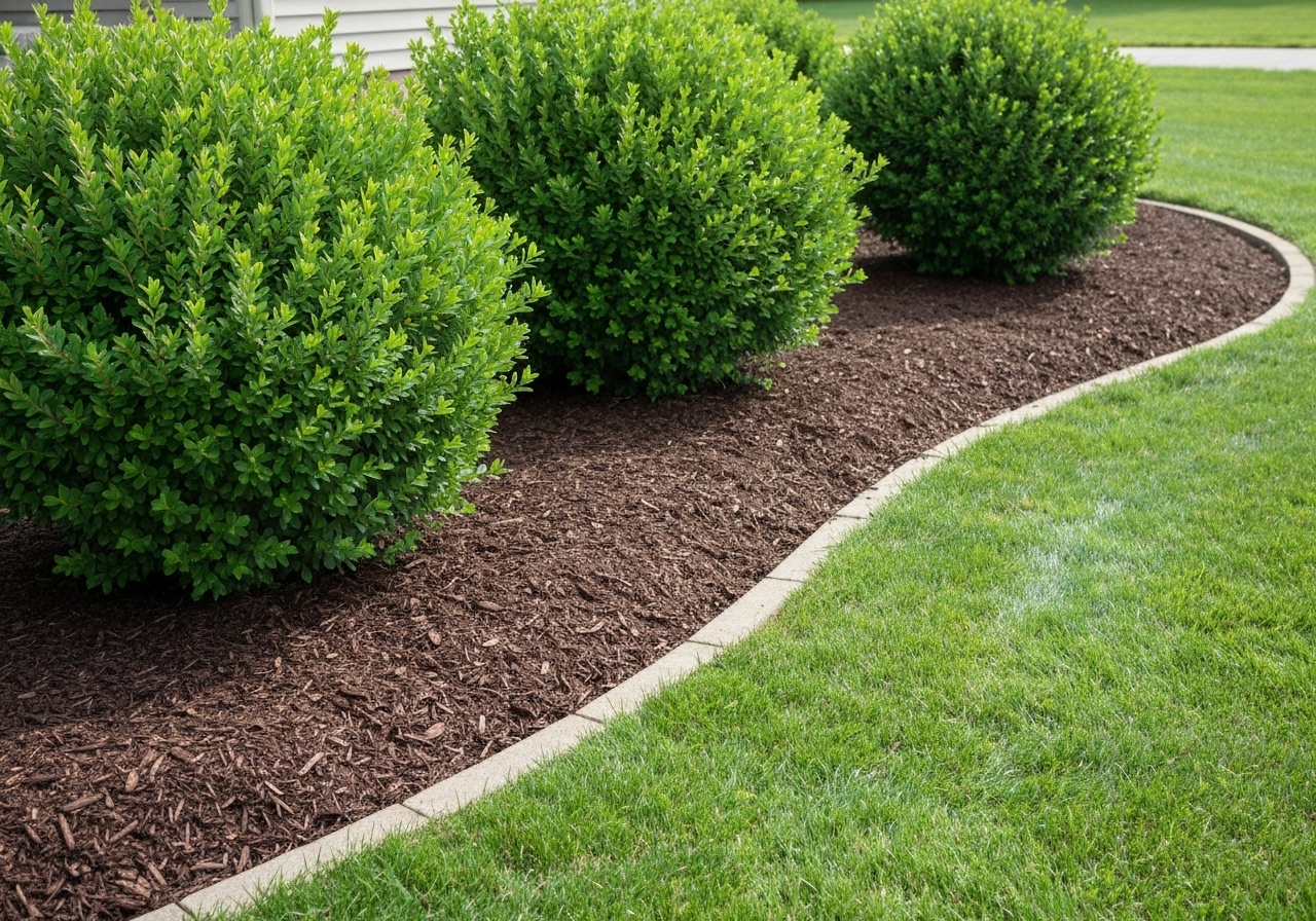 Freshly mulched planting bed with shrubs and clean edging